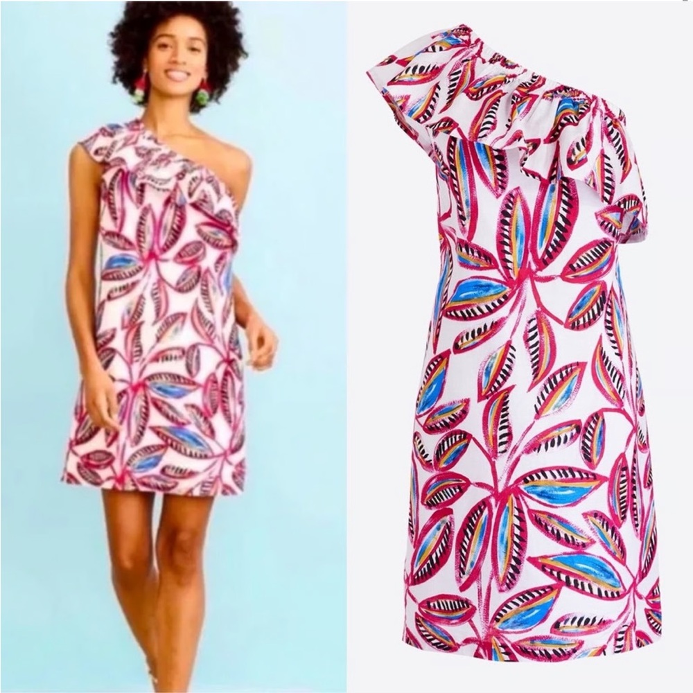J Crew linen Colorful Leaf Print One-Shoulder Dress elastic shoulder